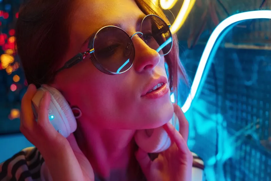 Stylish woman wearing sunglasses and headphones, illuminated by neon lights.