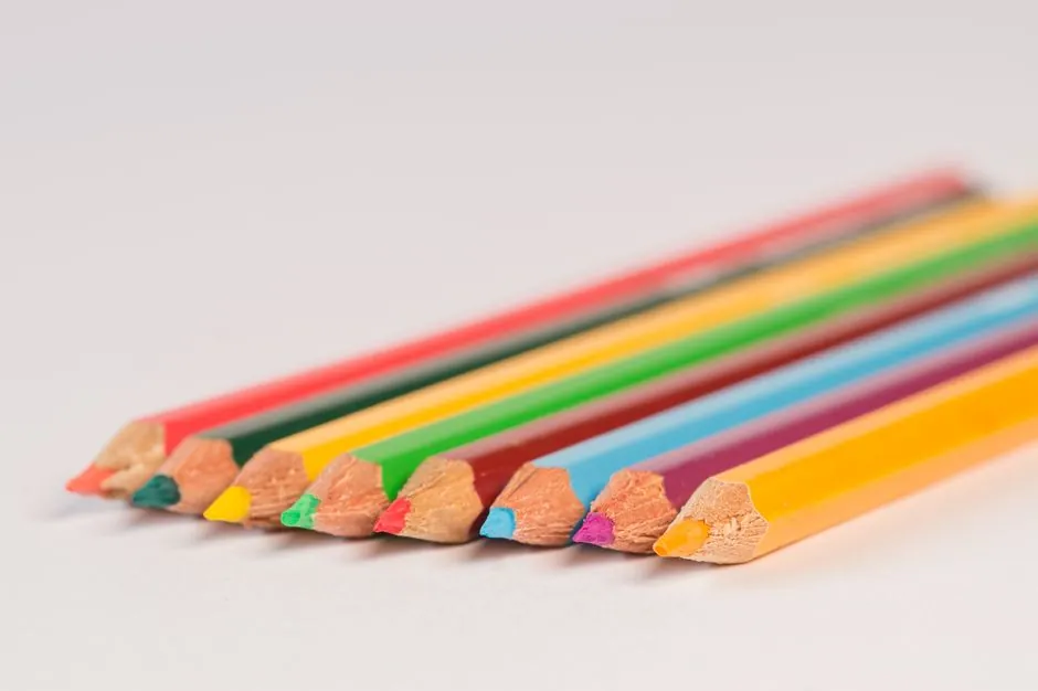 Close-up of colorful color pencils arranged on a white background, highlighting art materials.