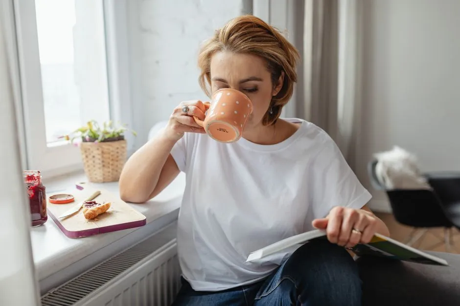 A woman enjoys morning coffee and reading by a bright window.