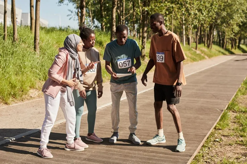 Group of diverse individuals participating in an outdoor number game, showcasing teamwork and camaraderie.