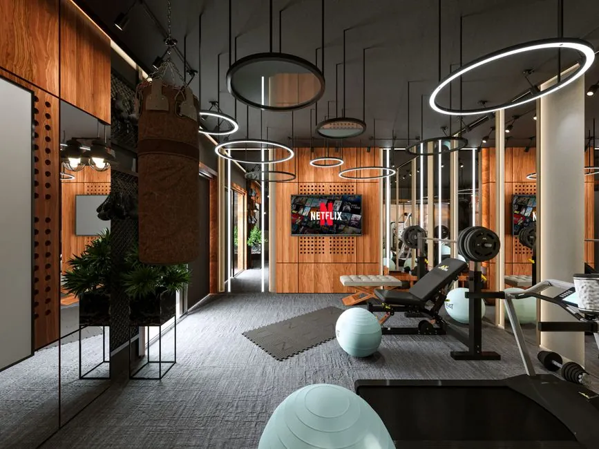 Stylish home gym interior featuring modern fitness equipment and a sleek design for optimal workouts.