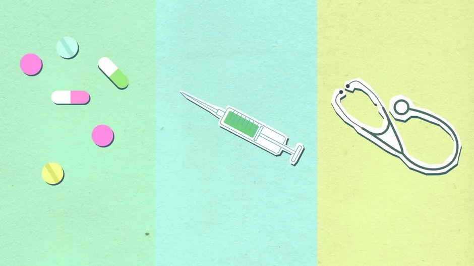 Top view of decorative cardboard appliques representing assorted medications near syringe with vaccine and stethoscope