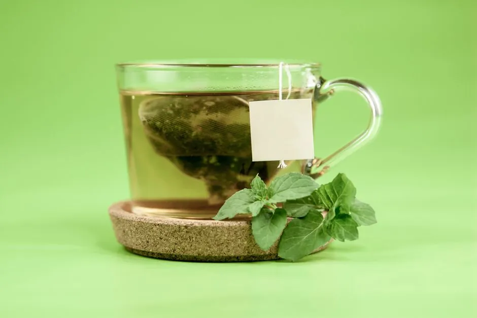 Green tea bag in glass cup with hot water on cup holder with mint leaves placed on green background